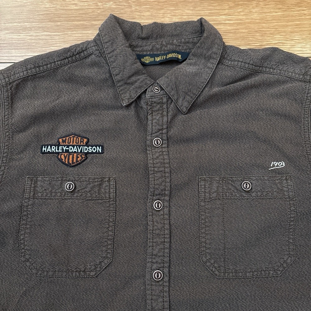 Harley Davidson Men's M Brown 2000s Short Sleeve Button Up Shirt 100% Cotton - Picture 2 of 7